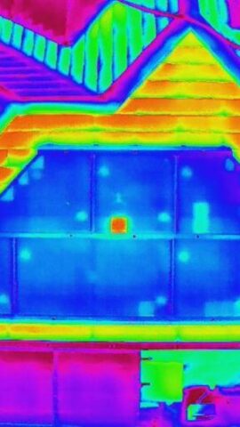 ドローンが撮影した外壁のサーモグラフィ画像(温度変化で雨漏りやタイルの浮きが赤や青で色分けされている)の写真